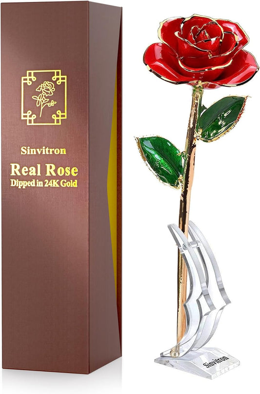 Gold Dipped Rose 24K Real Flower, Long Stem 24K Gold Plated Real Rose with Stand, Birthday Gift for Women,Gifts for Mom,Forever Rose for Anniversary,Mothers and Valentines Day (Red)