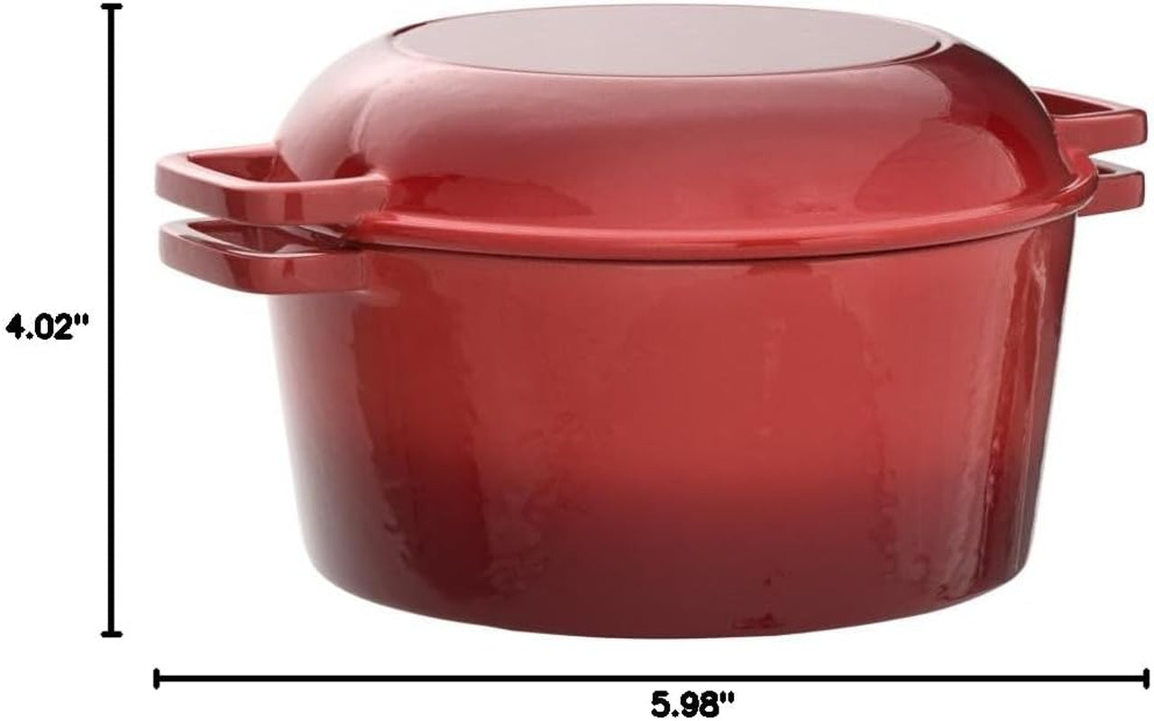 2 in 1 Enameled Cast Iron Double Dutch Oven & Skillet Lid, 5-Quart, Fire Red - Induction, Electric, Gas & in Oven Compatible