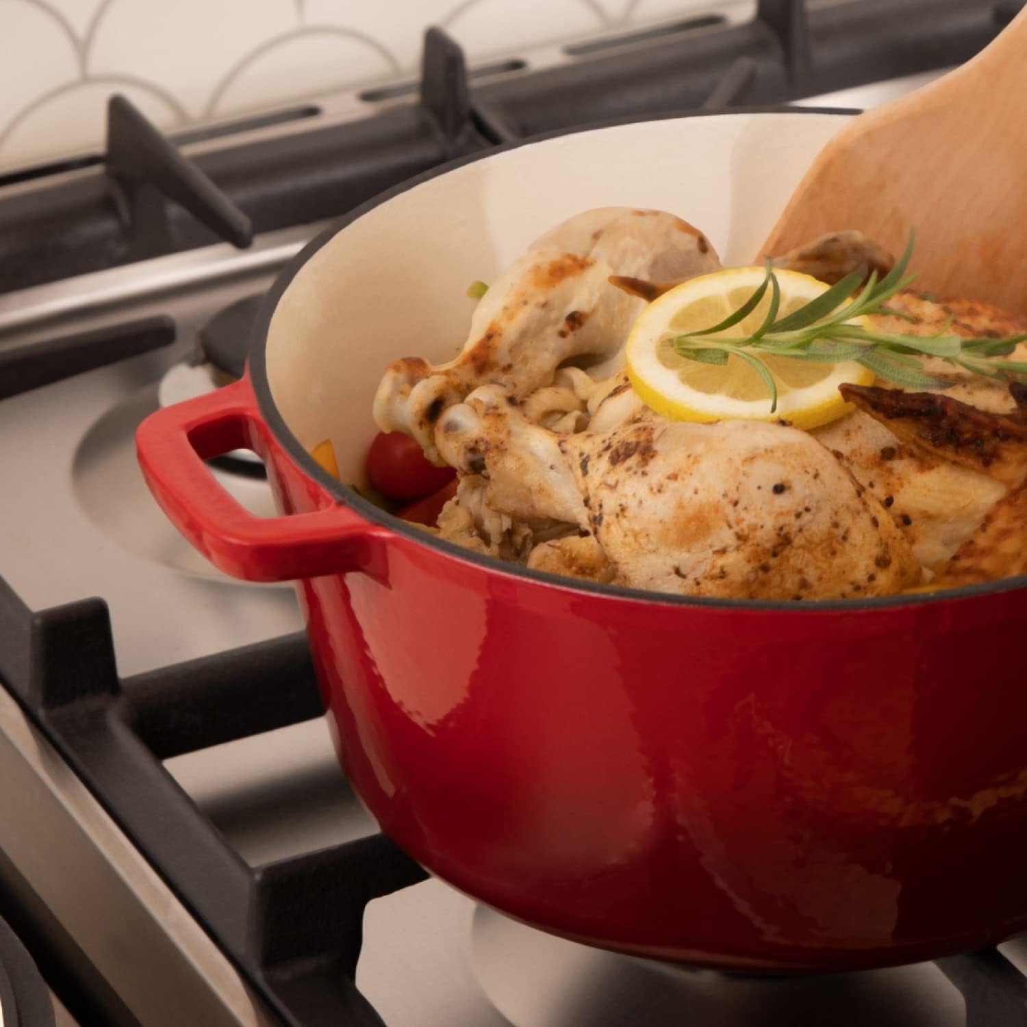 2 in 1 Enameled Cast Iron Double Dutch Oven & Skillet Lid, 5-Quart, Fire Red - Induction, Electric, Gas & in Oven Compatible