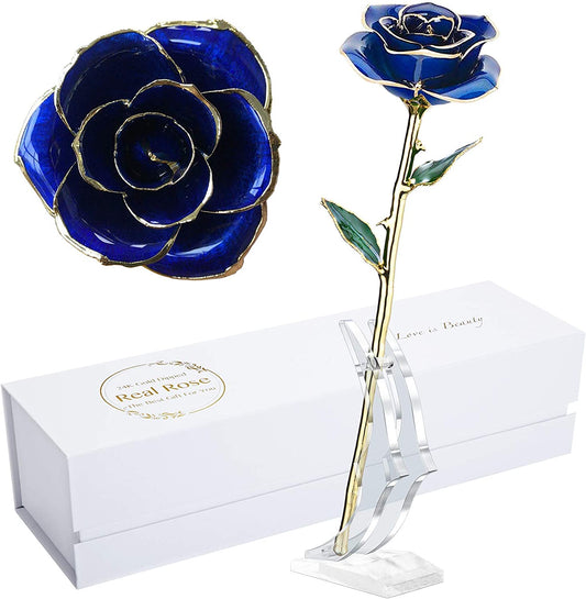 Birthday Rose Gift for Her,24K Golden Real Fresh Long Stem Rose and Best Birthday Gift for Her Rose,Blue with Stand