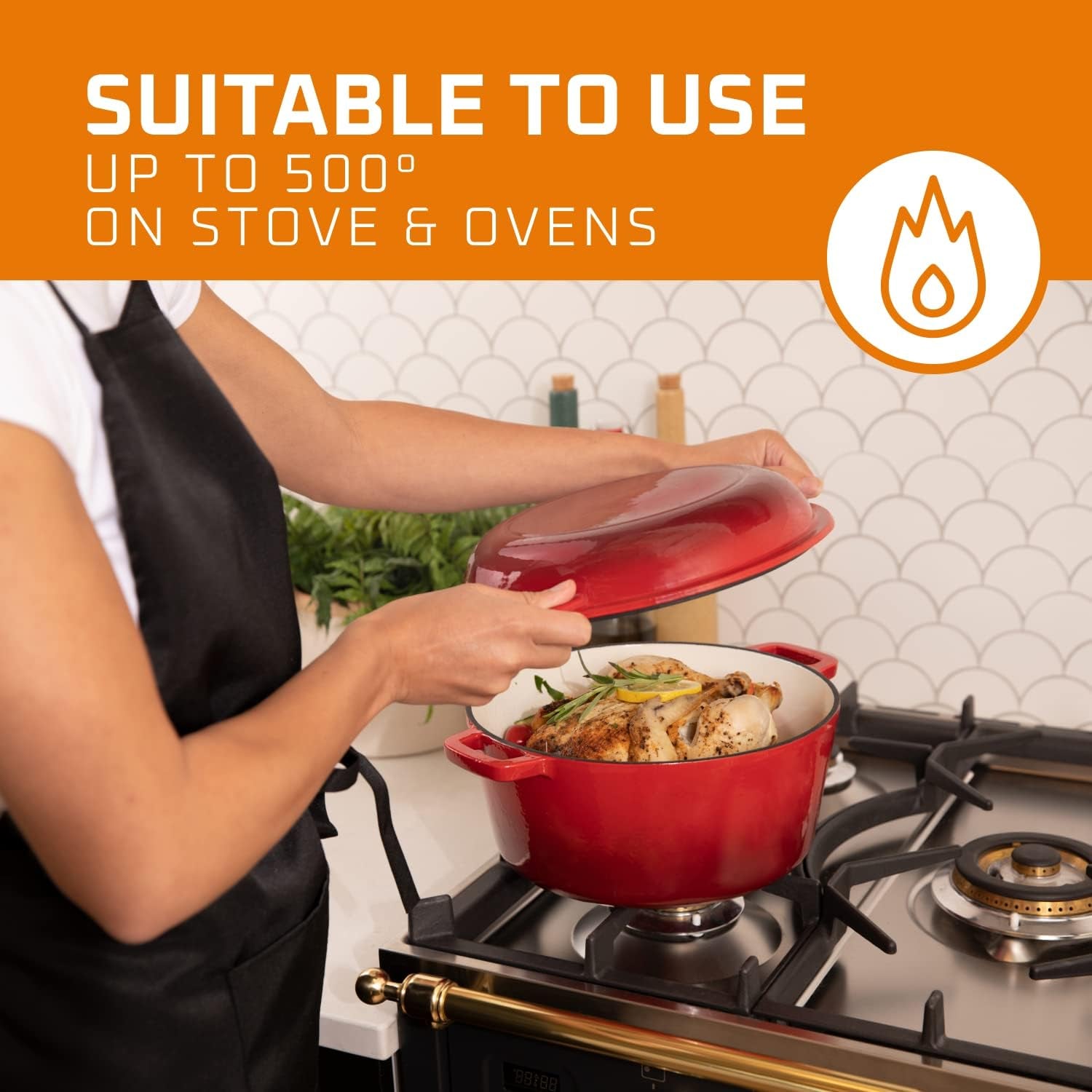 2 in 1 Enameled Cast Iron Double Dutch Oven & Skillet Lid, 5-Quart, Fire Red - Induction, Electric, Gas & in Oven Compatible