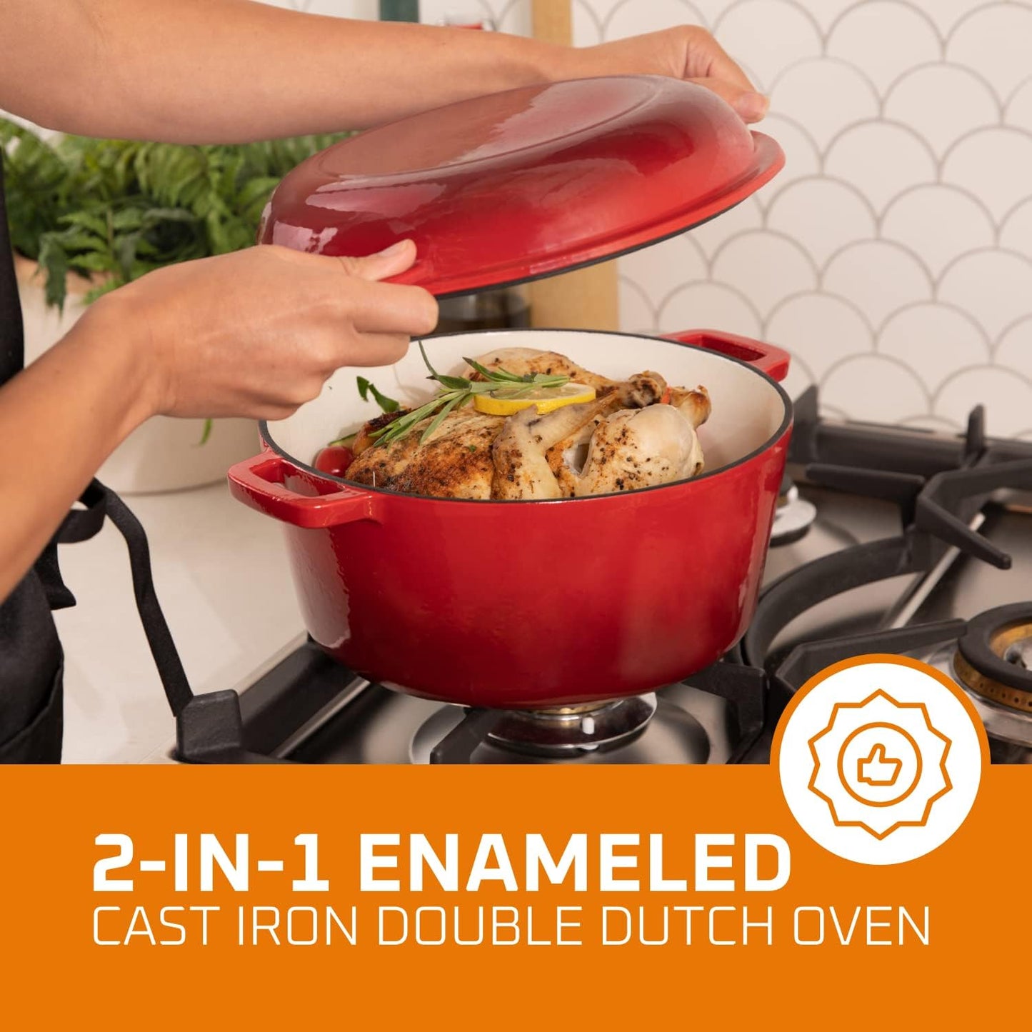 2 in 1 Enameled Cast Iron Double Dutch Oven & Skillet Lid, 5-Quart, Fire Red - Induction, Electric, Gas & in Oven Compatible