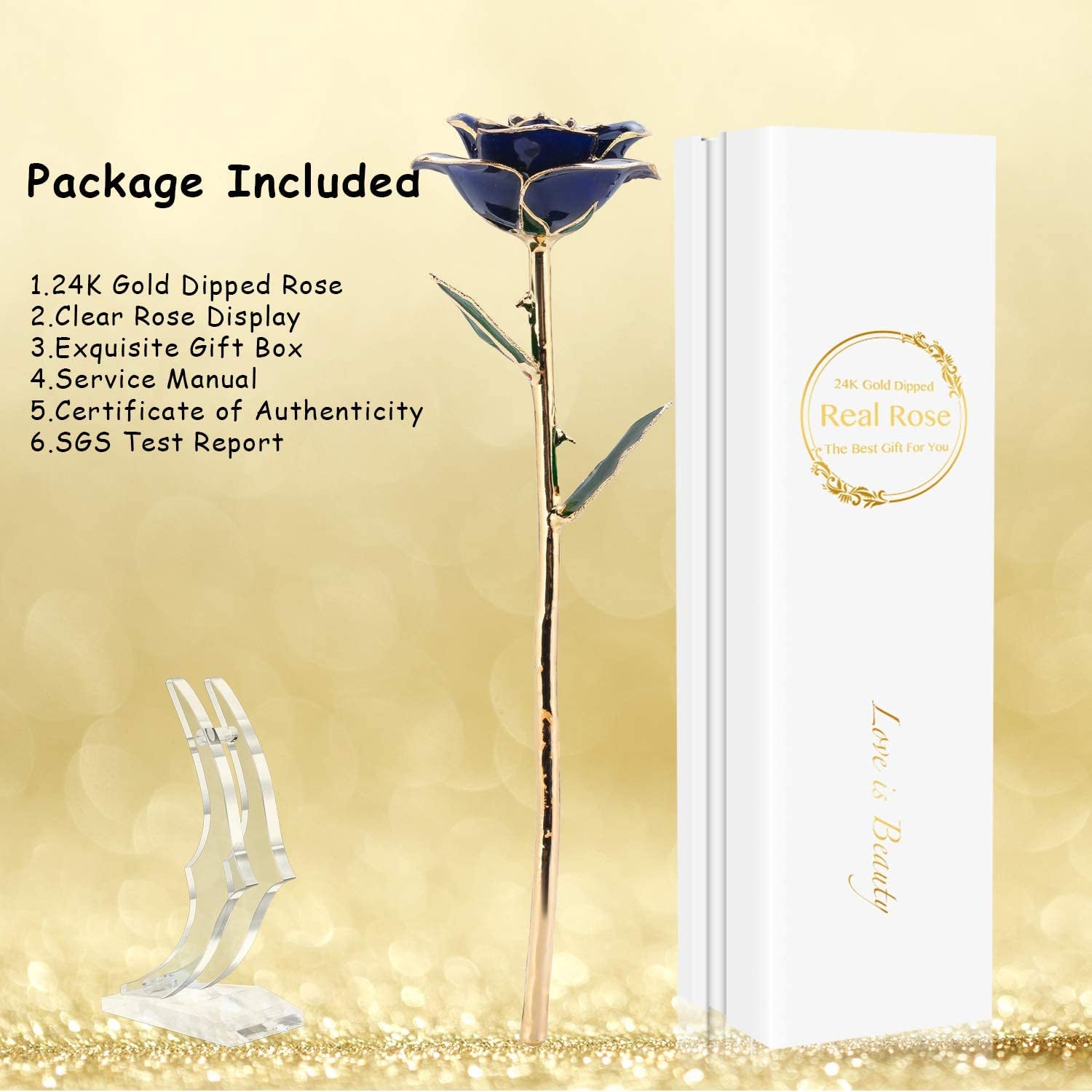 Birthday Rose Gift for Her,24K Golden Real Fresh Long Stem Rose and Best Birthday Gift for Her Rose,Blue with Stand