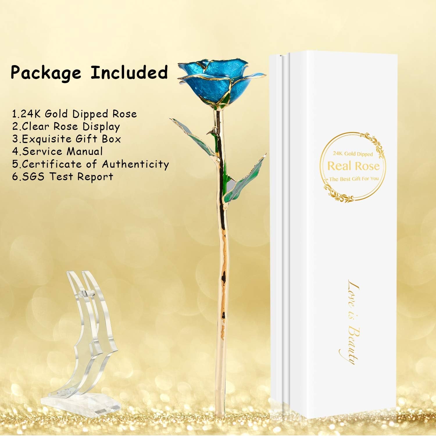 Romantic Rose Gift for Her,Eternity Rose Flower 24K Gold Dipped Rose and Romantic Gift for Her Rose,Skyblue with Stand