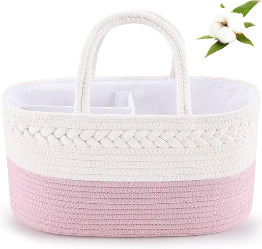 Baby Diaper Caddy, Nursery Storage Bin and Car Organizer for Diapers and Baby Wipes, Cotton Rope Diaper Basket Caddy, Changing Table Diaper Storage Caddy Baby Gift Baskets -Pink