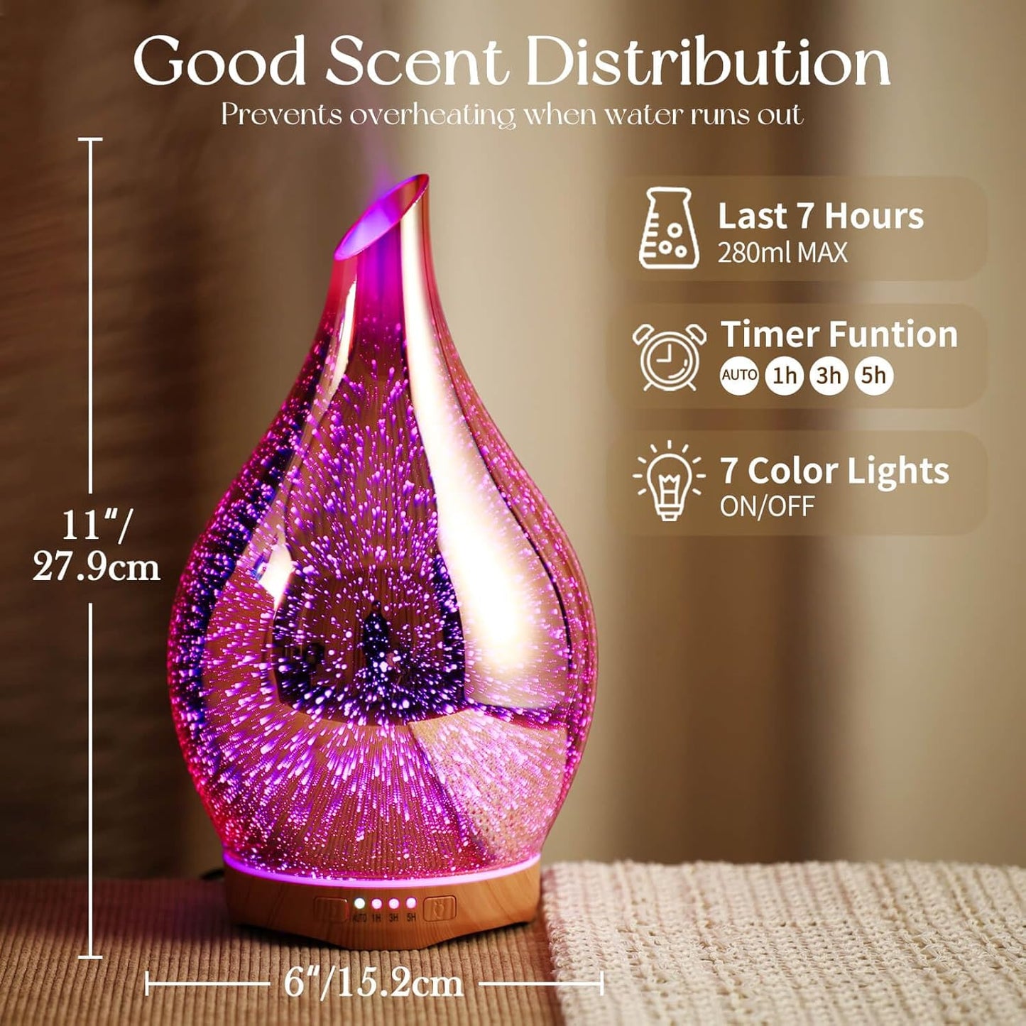 280Ml Essential Oil Diffuser, 3D Glass Aromatherapy Diffusor, Ultrasonic Cool Mist BPA Free Aroma Humidifier with Timer and Color Changing Function, Waterless Shut-Off for Home Office Room