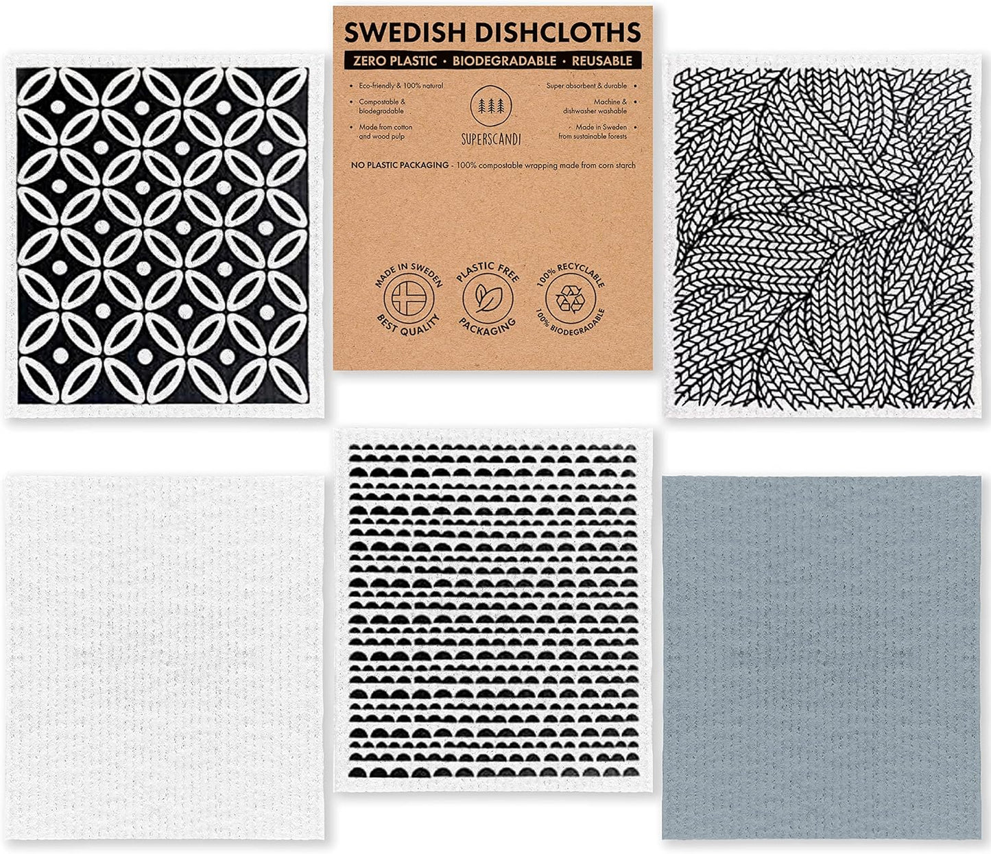 Swedish Dishcloths for Kitchen Eco Friendly Reusable Sustainable Biodegradable Cellulose Sponge Swedish Dish Cloths Dish Rags Washing Wipes Paper Towel Replacement (5 Pack Scandi Prints)