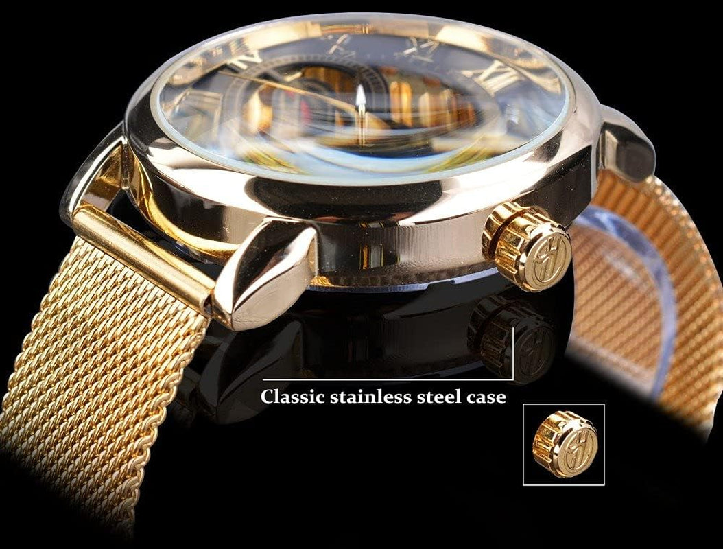 Men'S Skeleton Watch Steampunk Watch Black Mechanical Watch for Men Minimalist Retro Design Mechanical Skeleton Wrist Watch Transparent Business Mesh Band Watch