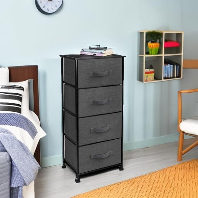 Nightstand with 4 Drawers - Bedside Furniture & Night Stand End Table Dresser with Steel Frame, Wood Top, Easy Pull Fabric Bins for Home, Bedroom Accessories, Office & Dorm